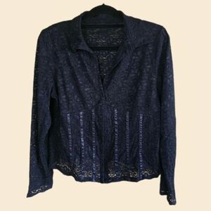 Flattering Fit! Black Lace Evening Blouse Vertical Ribbon Detailing Fun! Unlined